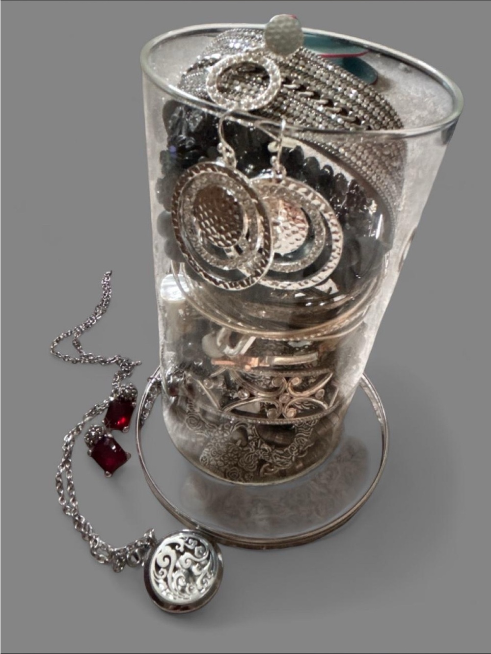 Silver-Tone Mixed Earrings & Necklace Set in Silver with Red Accents